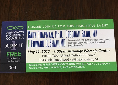 A photo of a ticket for the Associates in Christian Counceling event